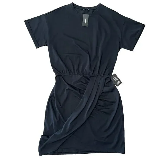 Express Black Ruched Draped Mini Dress NWT Small Stretch Bodycon Cocktail LBD - Picture 7 of 13